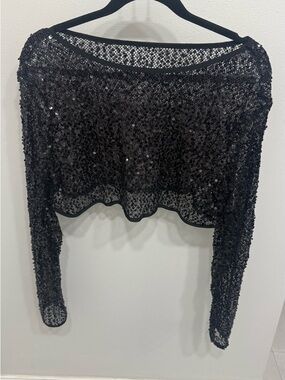 Black Sequin Cropped Mesh Top
